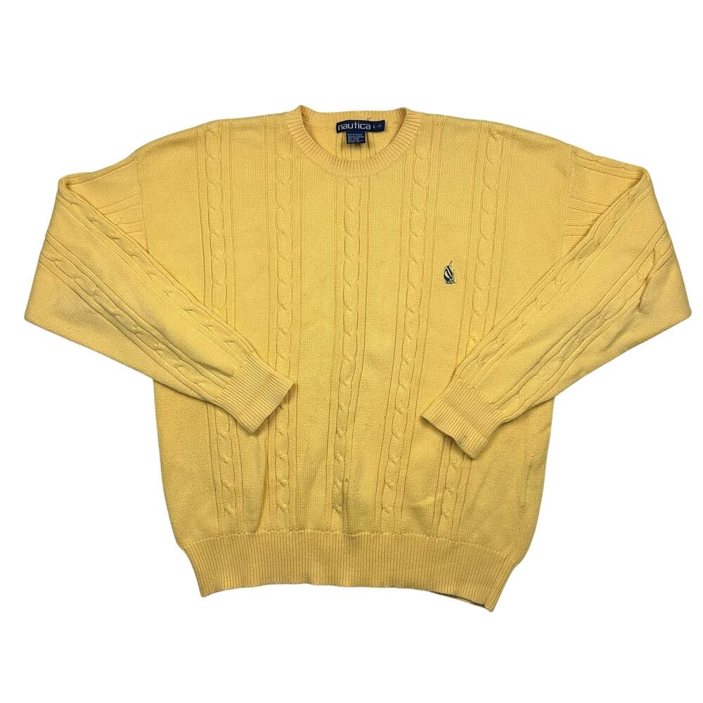 Vintage Nautica Cable Knit Sweater Mens Large Yellow Cotton Preppy 90s